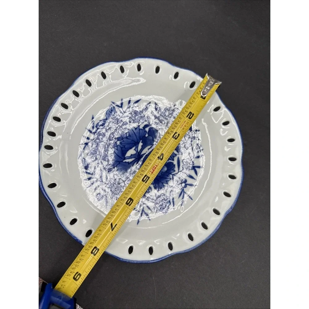 Vtg Blue & White Round Dish Ceramic Decor Vanity Plate Wall Hanger Lot Of 2